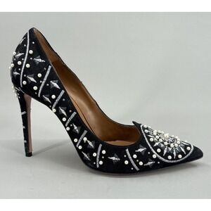 Aquazzura Shoes Size 7 Black Suede Pearl Pump Heels Italy Statement Designer